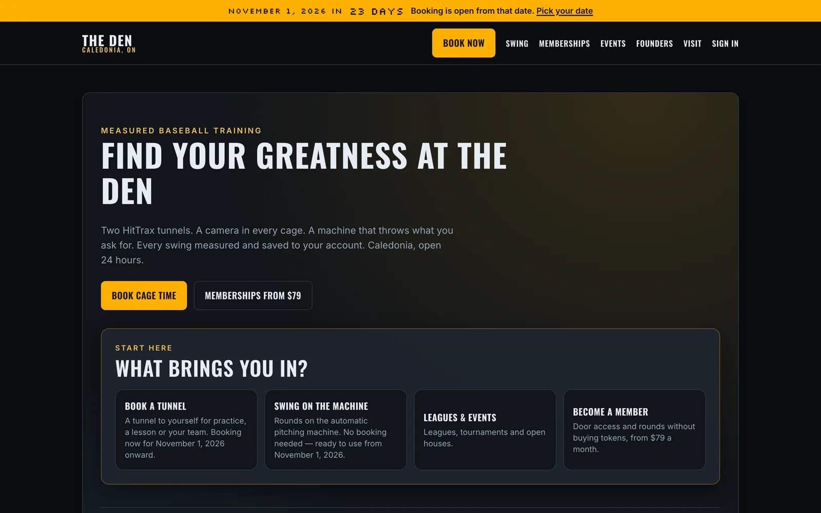 The Den Caledonia indoor batting cages — facility website built by Blacktie Collaborative