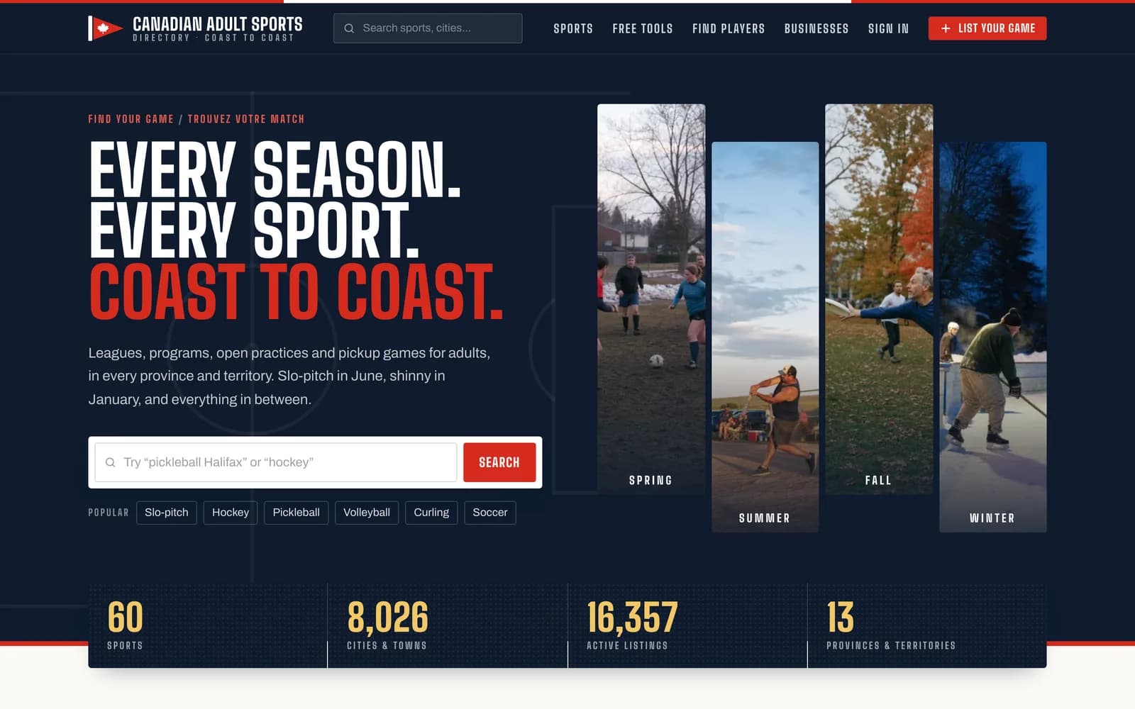 Canadian Adult Sports Directory — adult recreational sports listings across Canada, built by Blacktie Collaborative