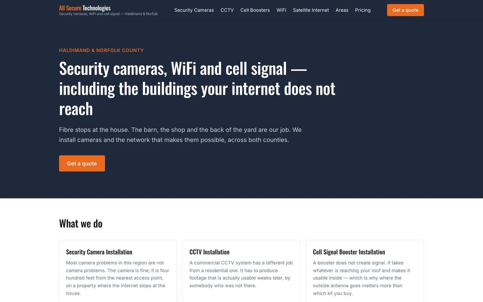 Security Camera Installers website for Haldimand and Norfolk County, built by Blacktie Collaborative