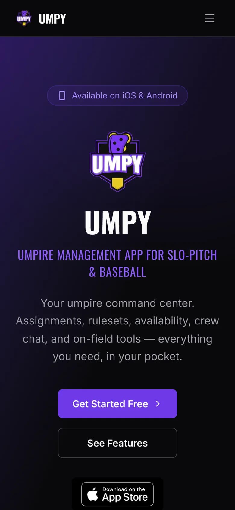 Umpy — umpire management app for slo-pitch and baseball, built by Blacktie Collaborative