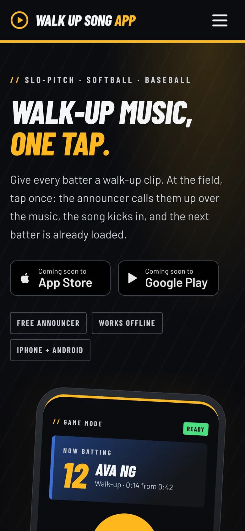 Walk Up Song App, the walk-up music app for slo-pitch, softball and baseball, built by Blacktie Collaborative